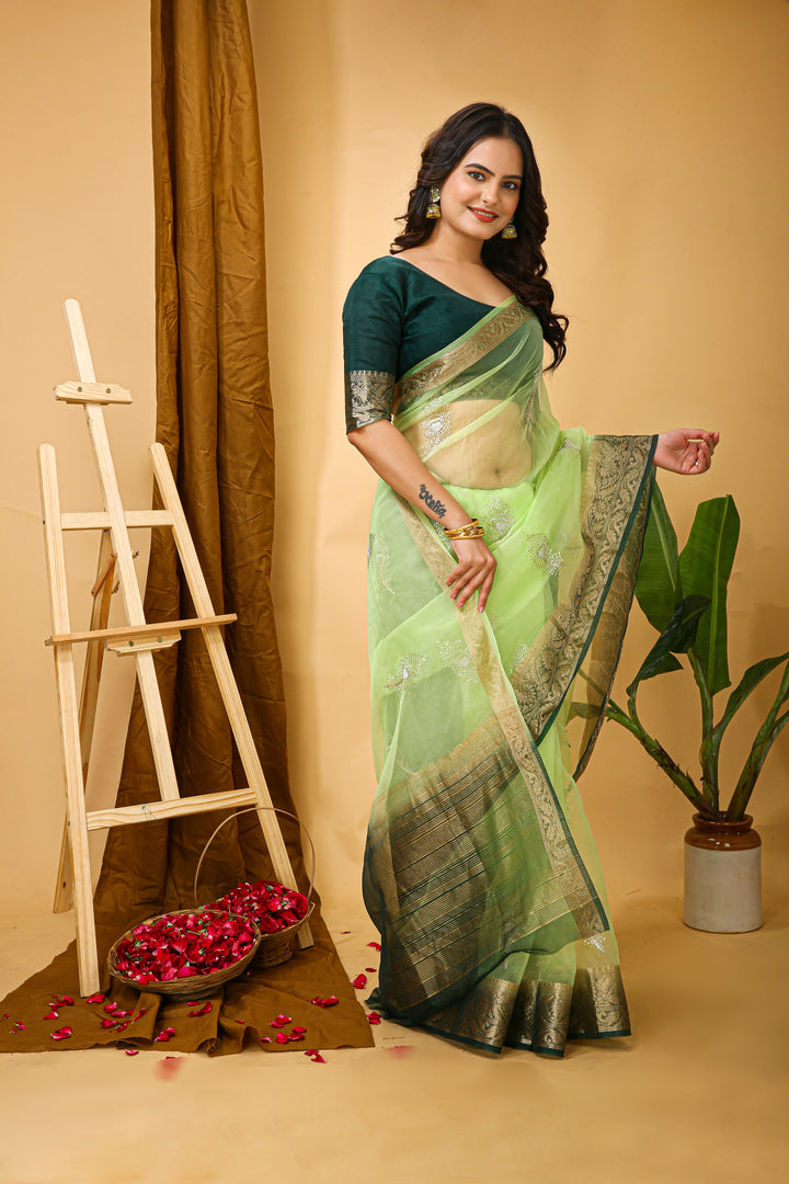 Light Green Color Kanchipuram Organza jacquard Saree Multi Sequins Work With Unstitched Blouse Piece