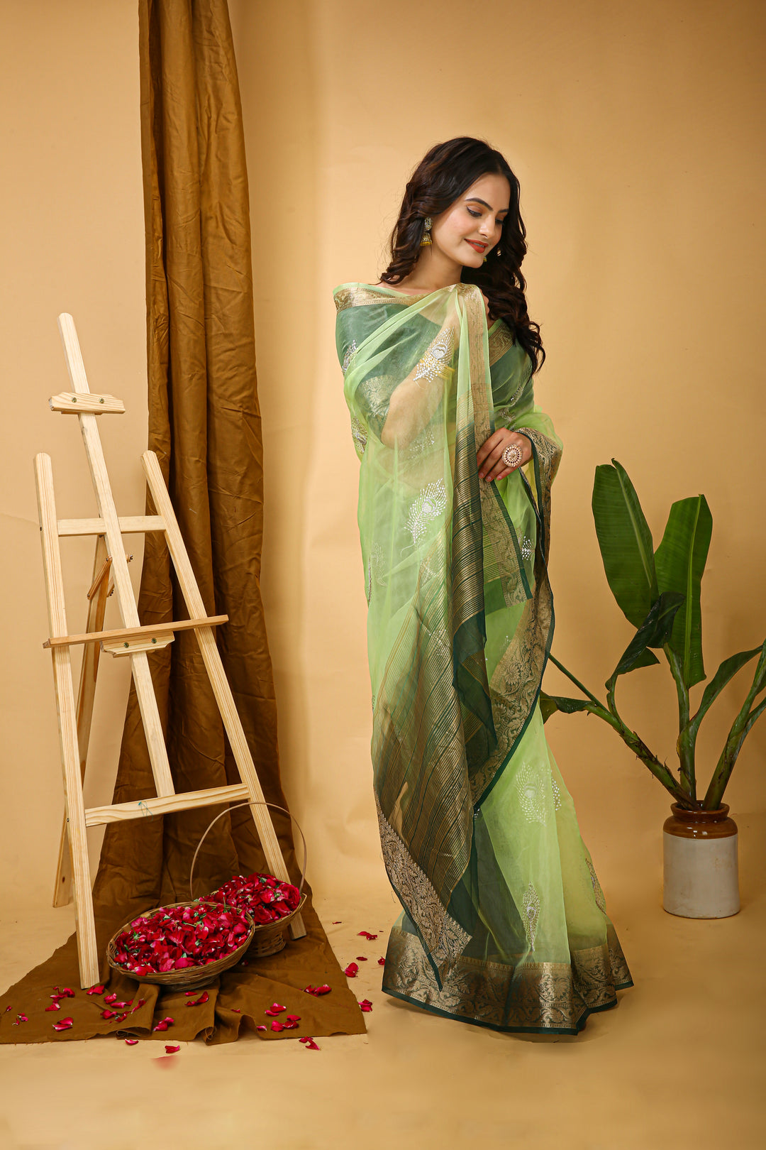 Light Green Color Kanchipuram Organza jacquard Saree Multi Sequins Work With Unstitched Blouse Piece