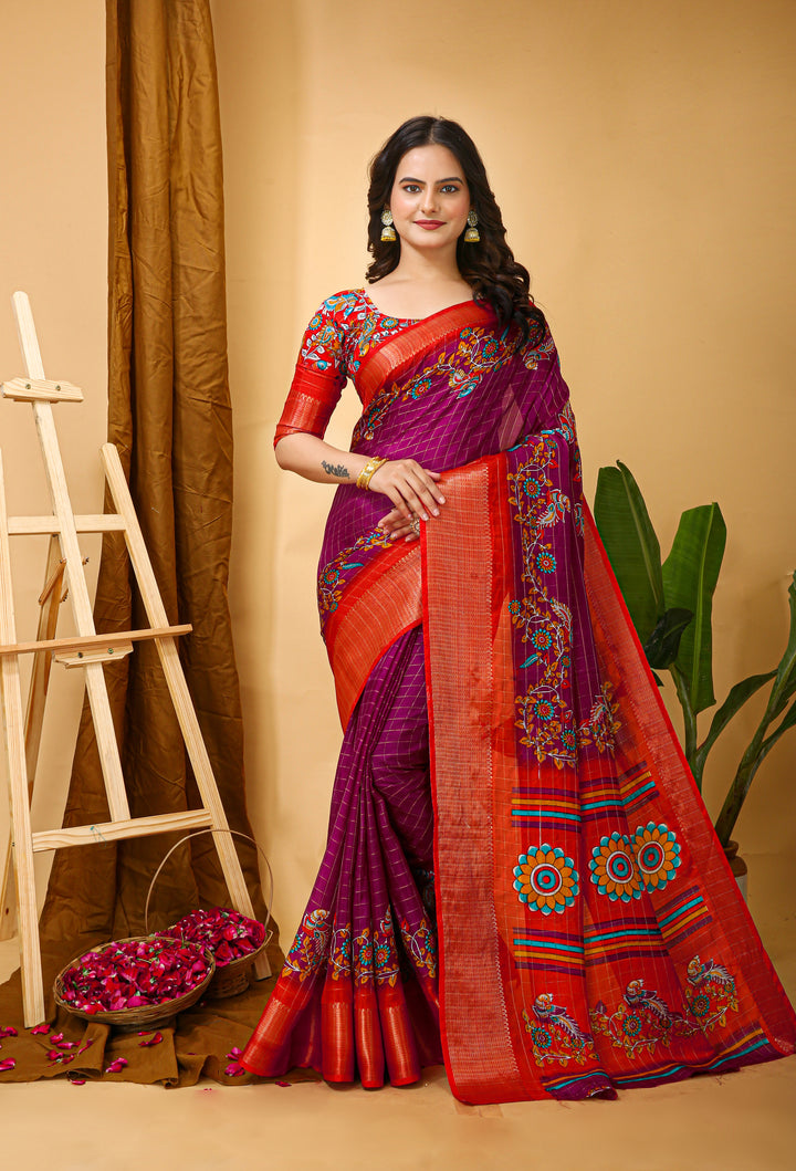 Pink Colour soft Dola cotton Kalamkari print saree with jacquard kanjivaram zari border