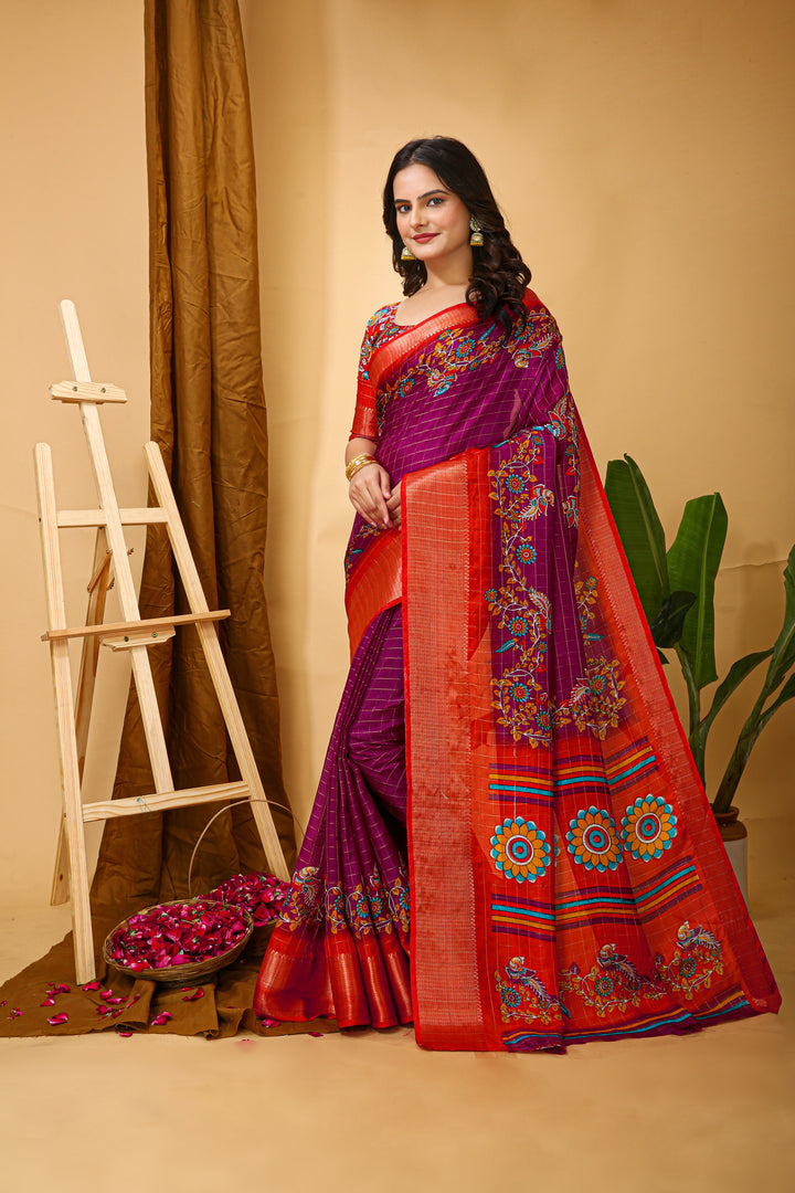 Pink Colour soft Dola cotton Kalamkari print saree with jacquard kanjivaram zari border