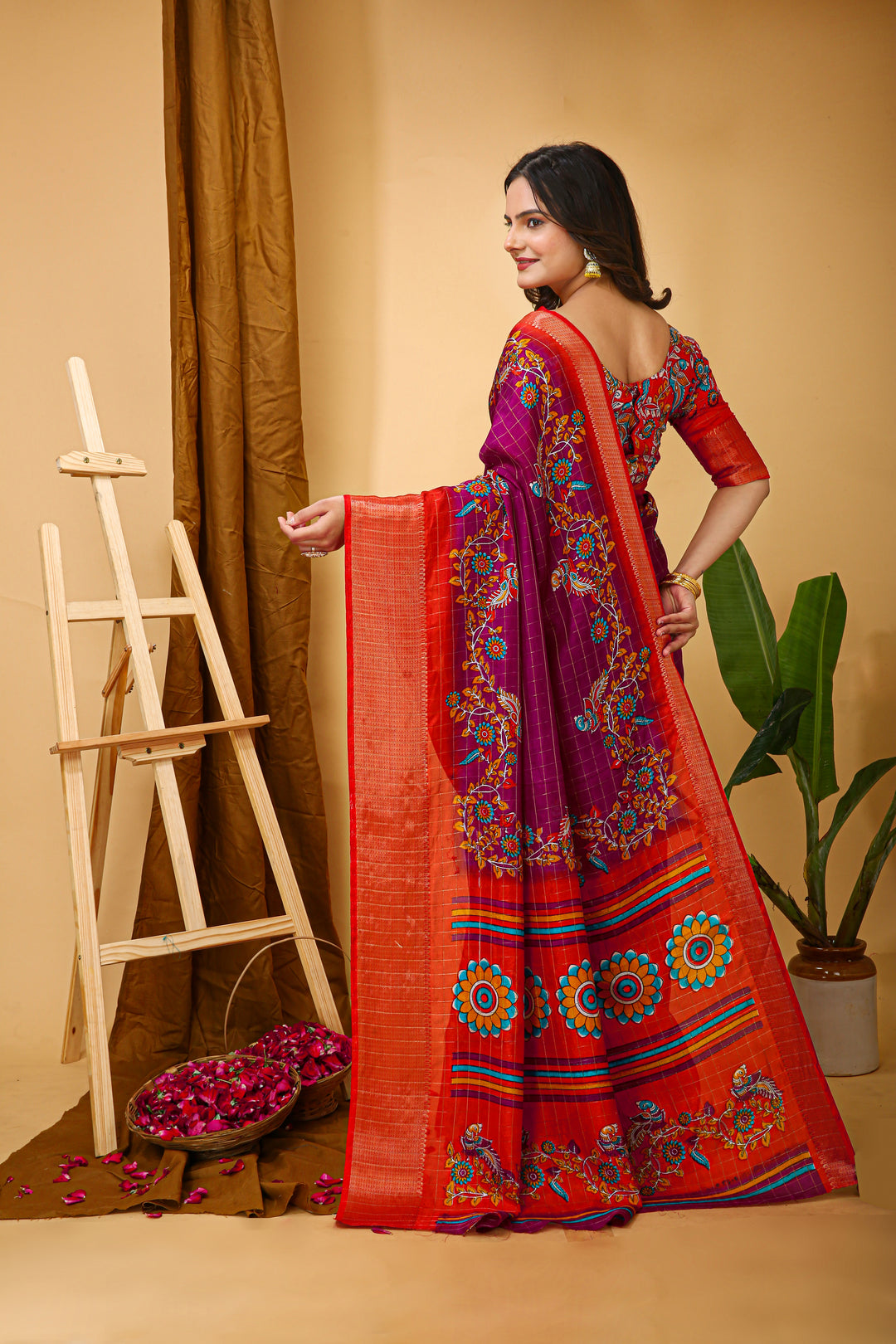 Pink Colour soft Dola cotton Kalamkari print saree with jacquard kanjivaram zari border