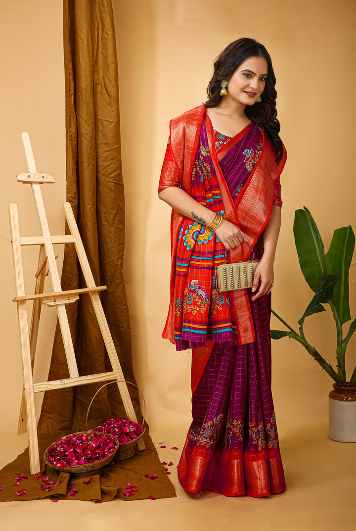 Pink Colour soft Dola cotton Kalamkari print saree with jacquard kanjivaram zari border