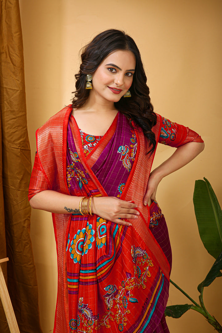 Pink Colour soft Dola cotton Kalamkari print saree with jacquard kanjivaram zari border