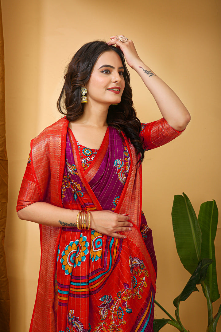Pink Colour soft Dola cotton Kalamkari print saree with jacquard kanjivaram zari border