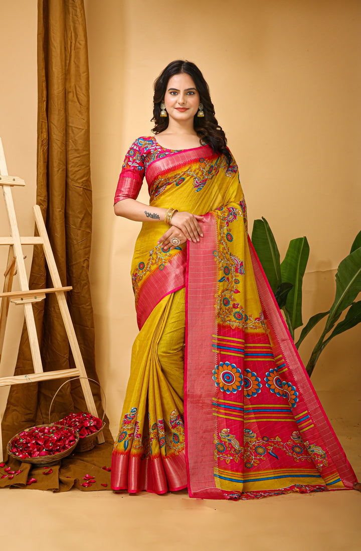 yellow Colour soft Dola cotton Kalamkari print saree with jacquard kanjivaram zari border