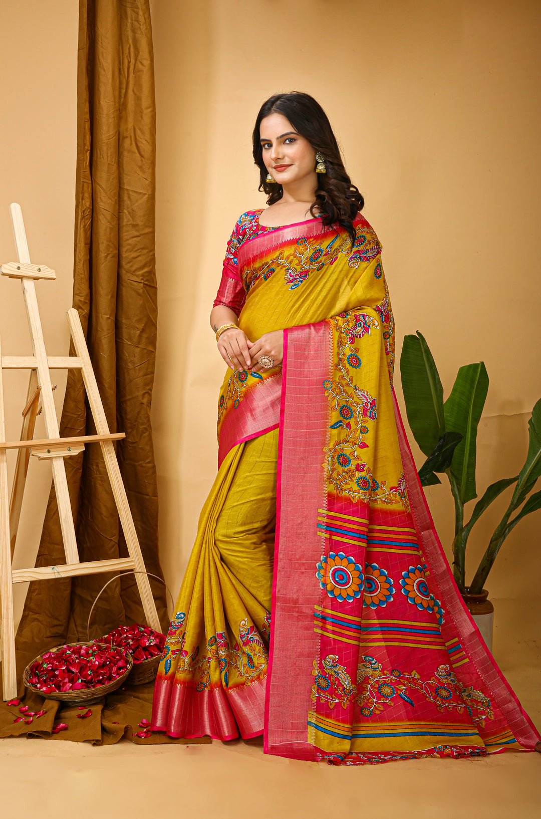 yellow Colour soft Dola cotton Kalamkari print saree with jacquard kanjivaram zari border