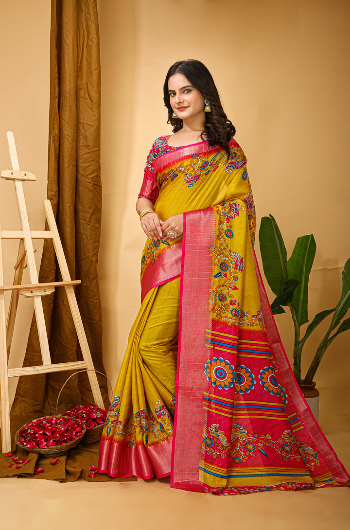 yellow Colour soft Dola cotton Kalamkari print saree with jacquard kanjivaram zari border