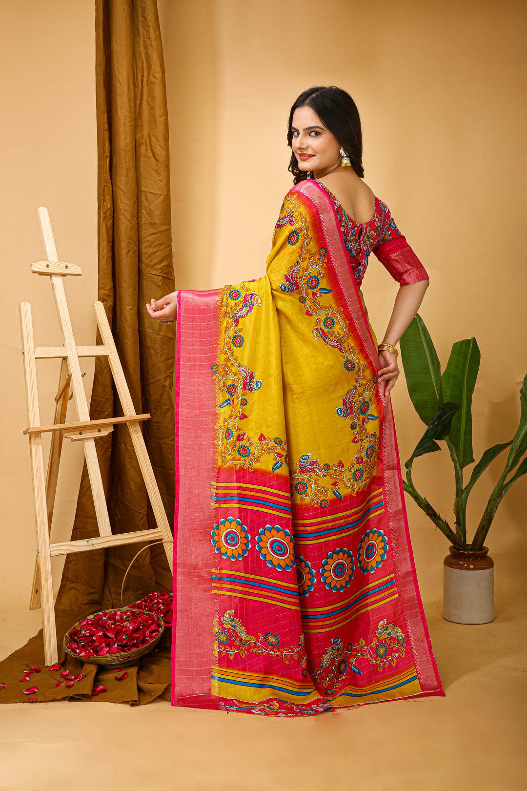 yellow Colour soft Dola cotton Kalamkari print saree with jacquard kanjivaram zari border
