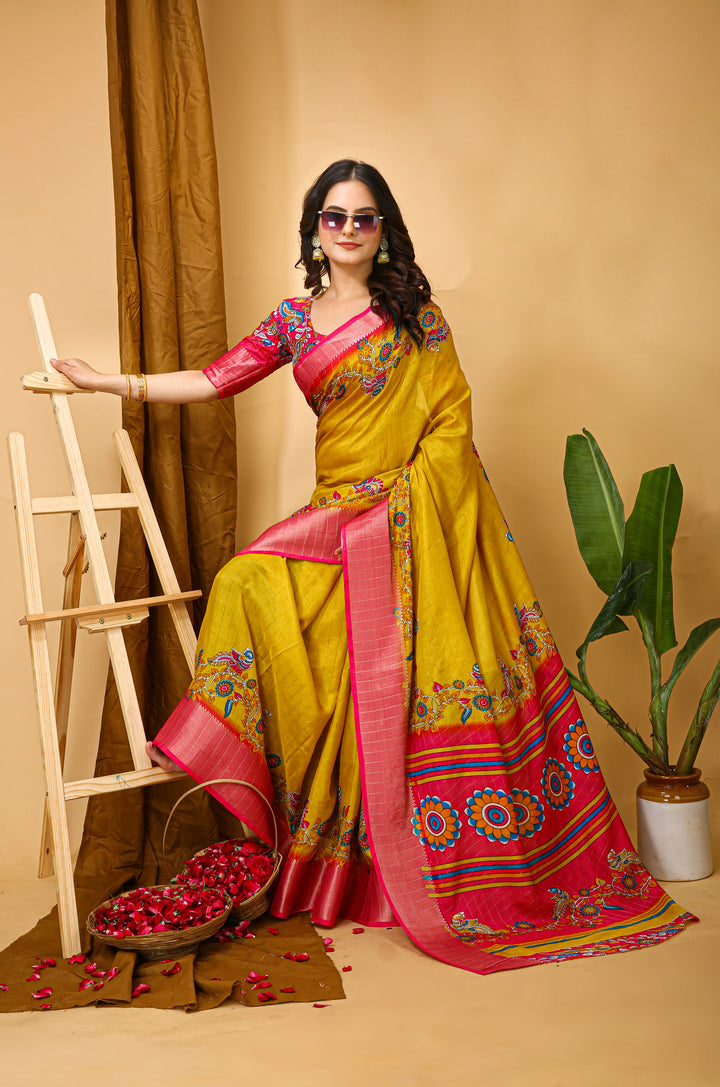 yellow Colour soft Dola cotton Kalamkari print saree with jacquard kanjivaram zari border