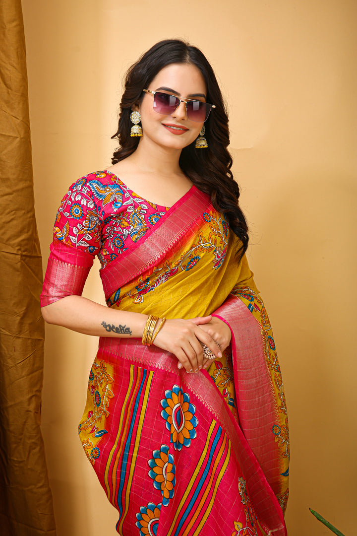 yellow Colour soft Dola cotton Kalamkari print saree with jacquard kanjivaram zari border