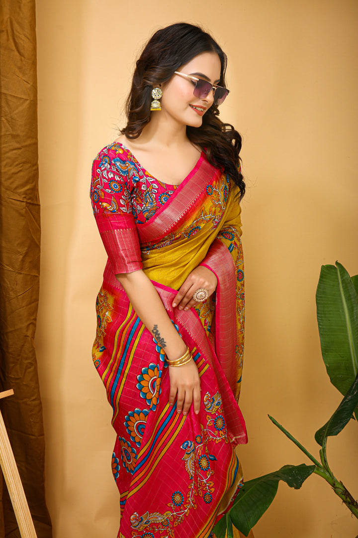 yellow Colour soft Dola cotton Kalamkari print saree with jacquard kanjivaram zari border