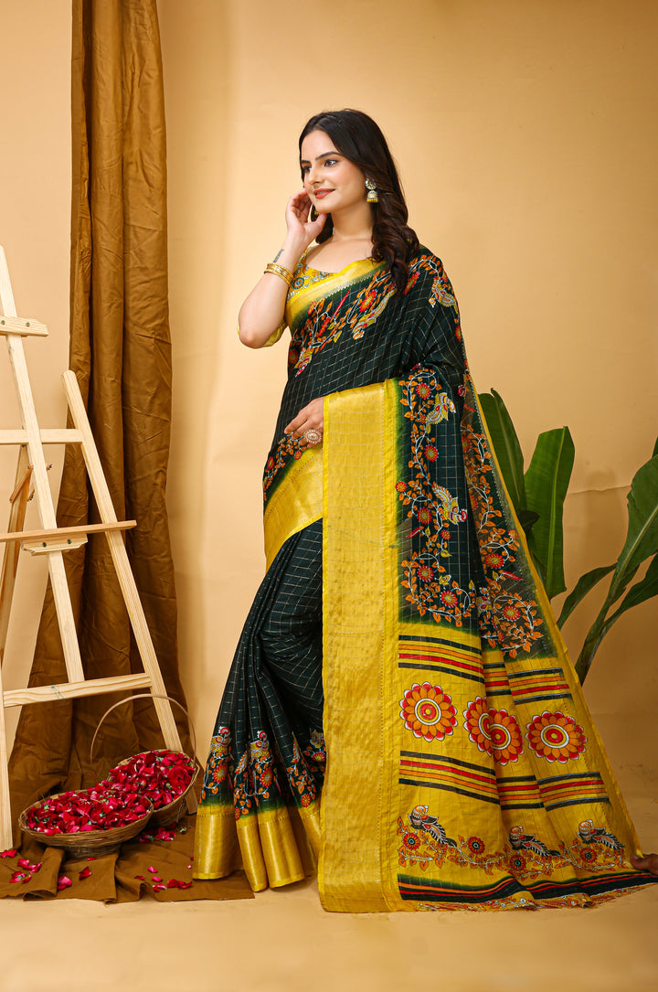 Dark Green Colour soft Dola cotton Kalamkari print saree with jacquard kanjivaram zari border