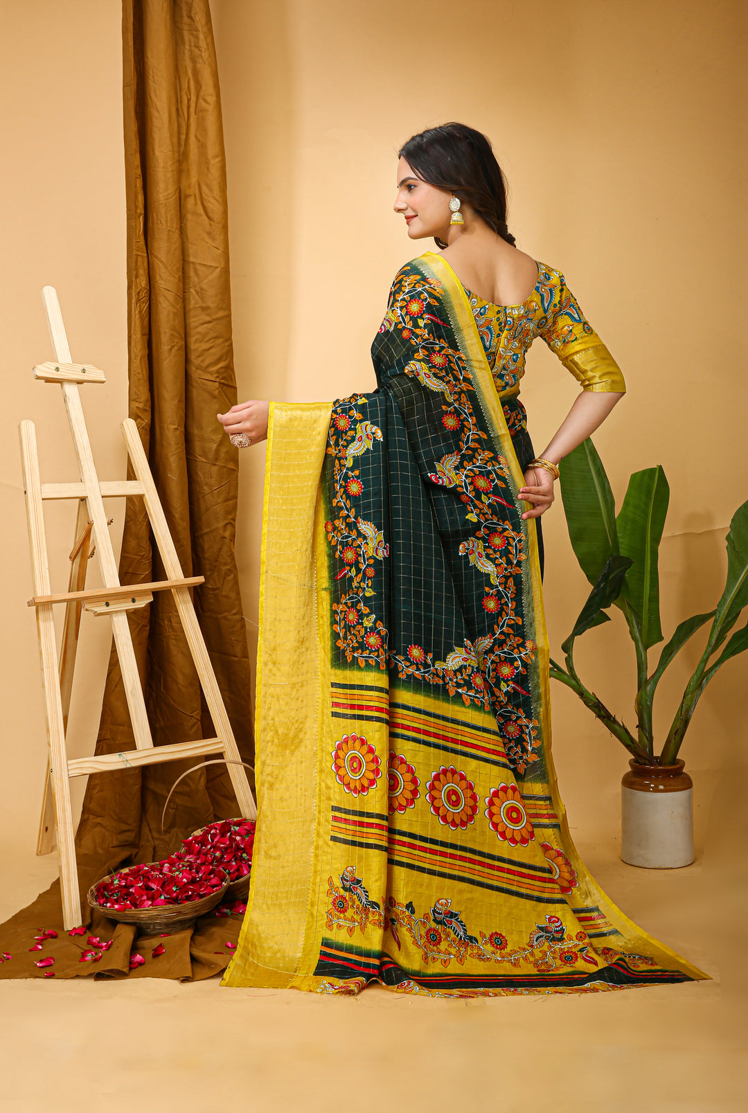 Dark Green Colour soft Dola cotton Kalamkari print saree with jacquard kanjivaram zari border
