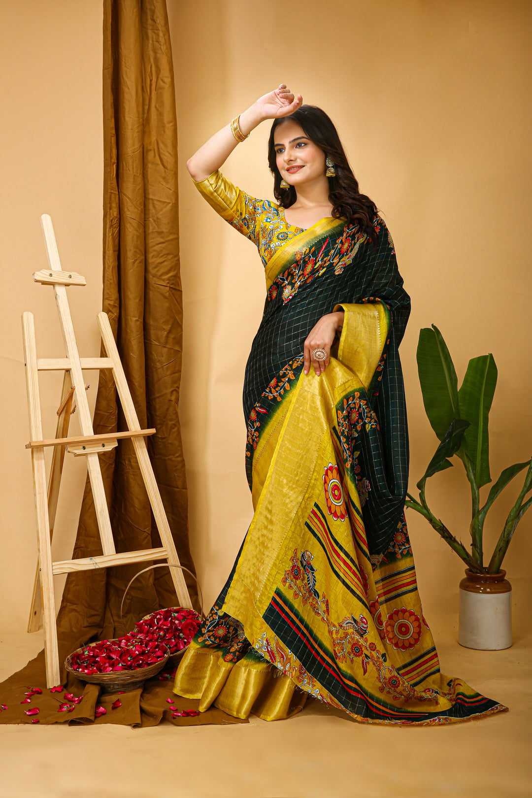Dark Green Colour soft Dola cotton Kalamkari print saree with jacquard kanjivaram zari border