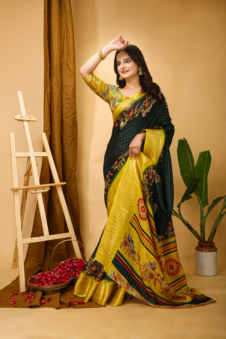 Dark Green Colour soft Dola cotton Kalamkari print saree with jacquard kanjivaram zari border