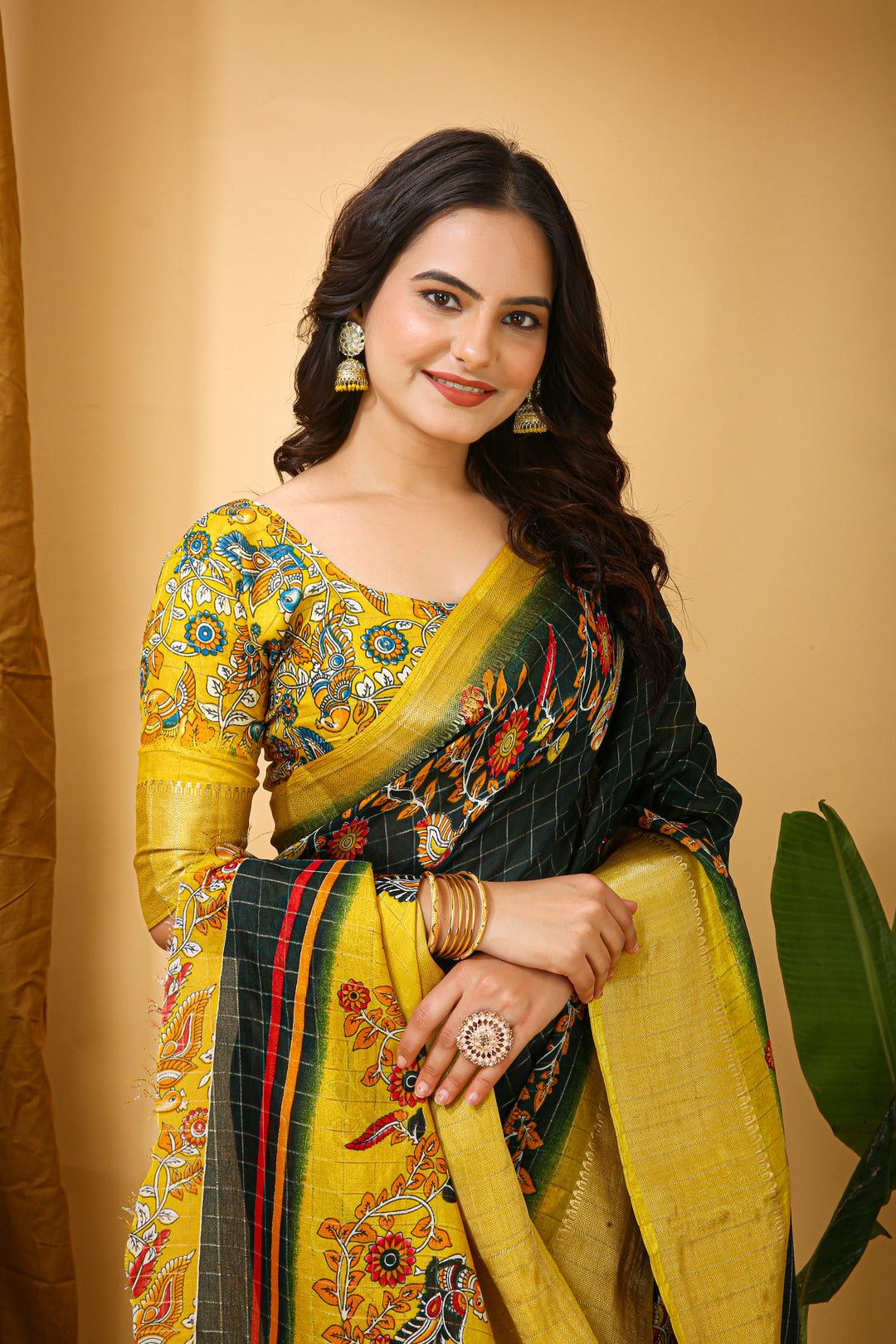 Dark Green Colour soft Dola cotton Kalamkari print saree with jacquard kanjivaram zari border