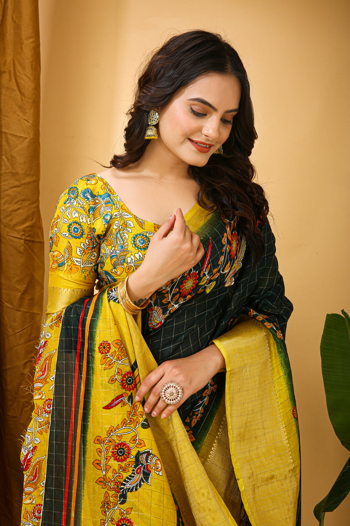 Dark Green Colour soft Dola cotton Kalamkari print saree with jacquard kanjivaram zari border