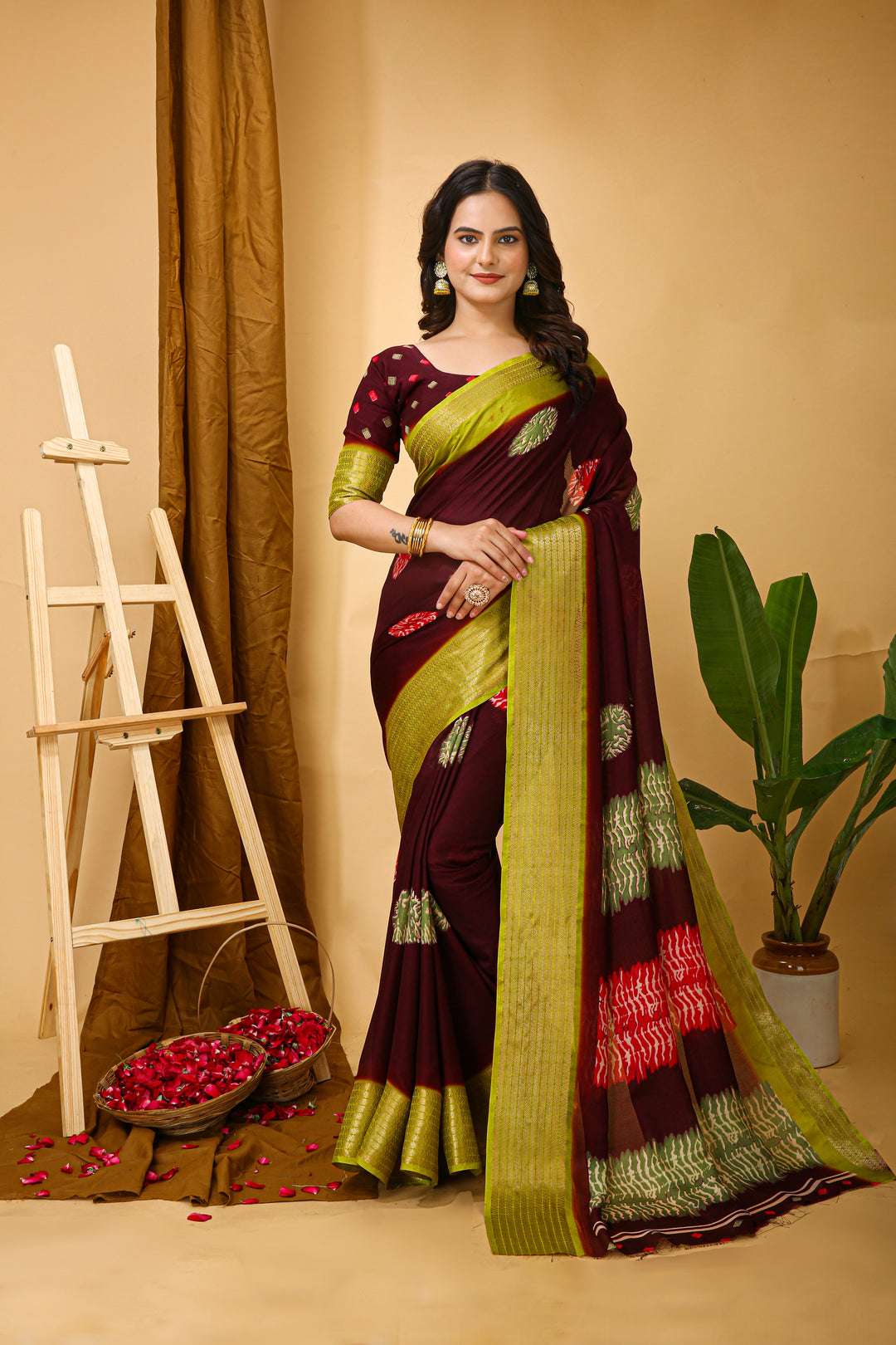 Maroon Colour Soft Blooming Marshmallow Kalamkari print saree with Jacquard Border