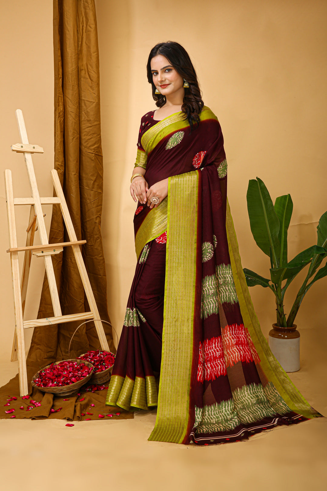 Maroon Colour Soft Blooming Marshmallow Kalamkari print saree with Jacquard Border
