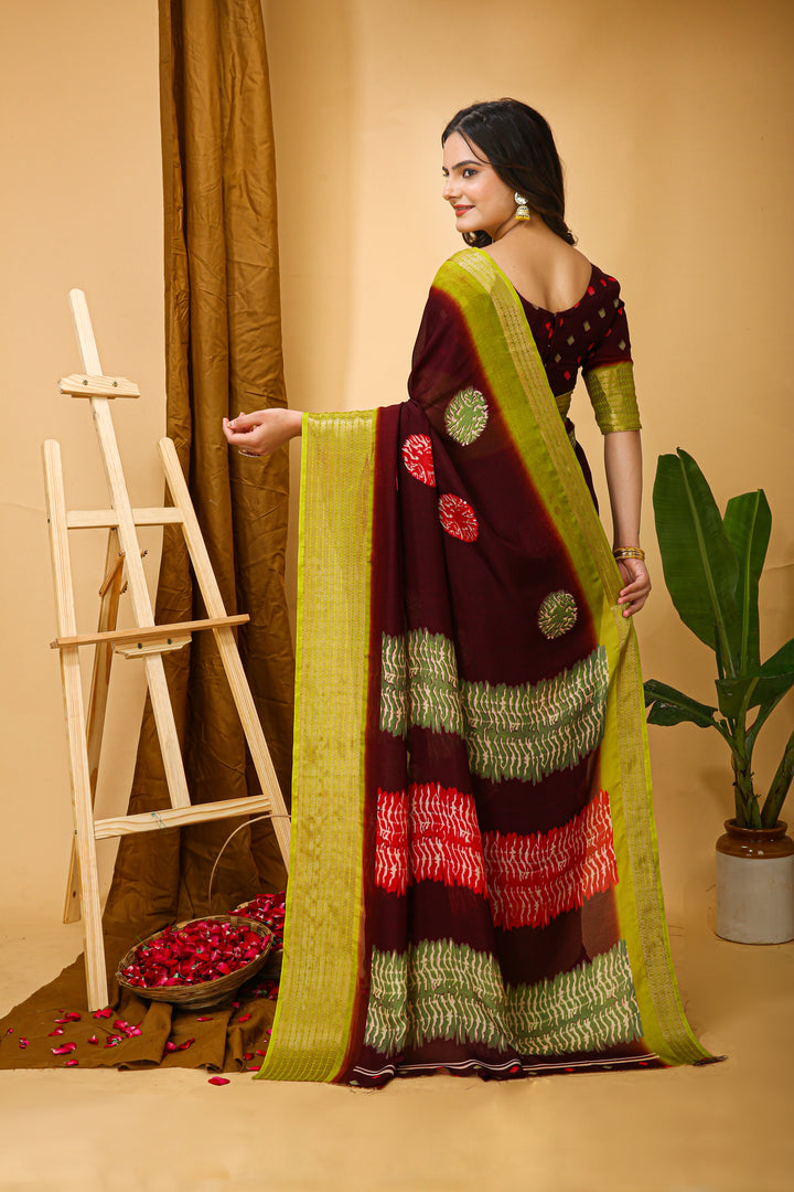 Maroon Colour Soft Blooming Marshmallow Kalamkari print saree with Jacquard Border