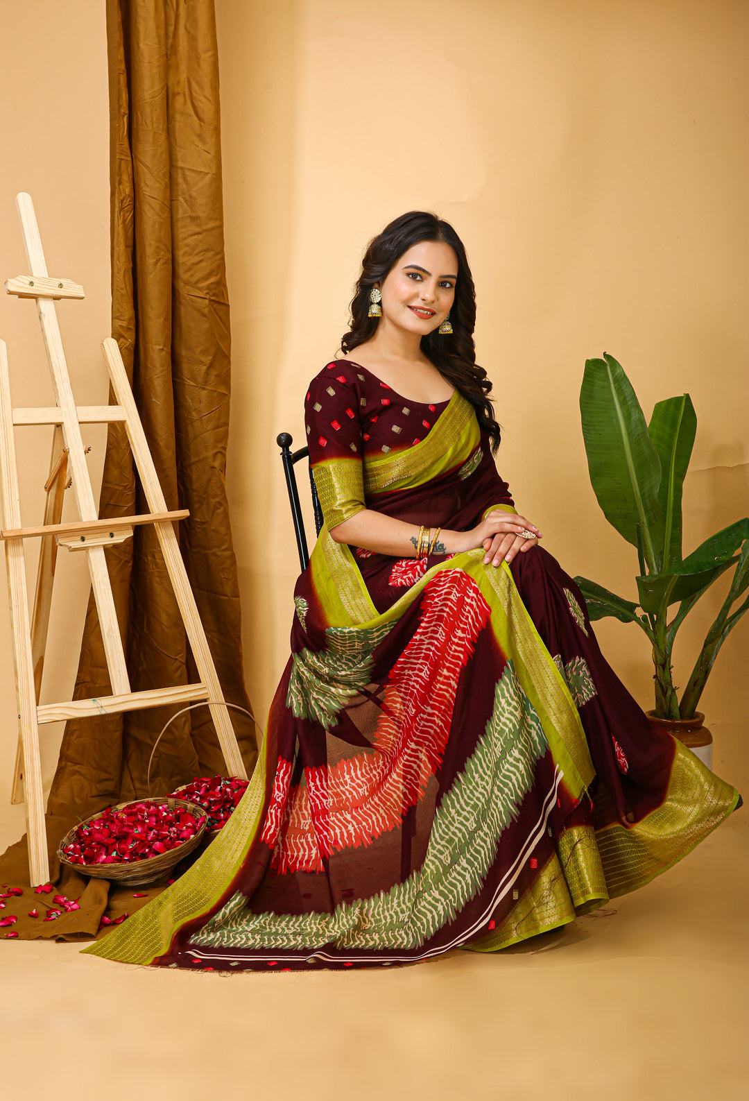 Maroon Colour Soft Blooming Marshmallow Kalamkari print saree with Jacquard Border