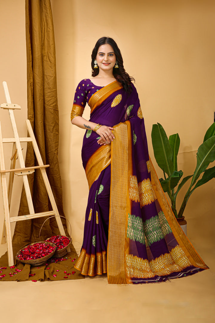Purple Colour Soft Blooming Marshmallow Kalamkari print saree with Jacquard Border