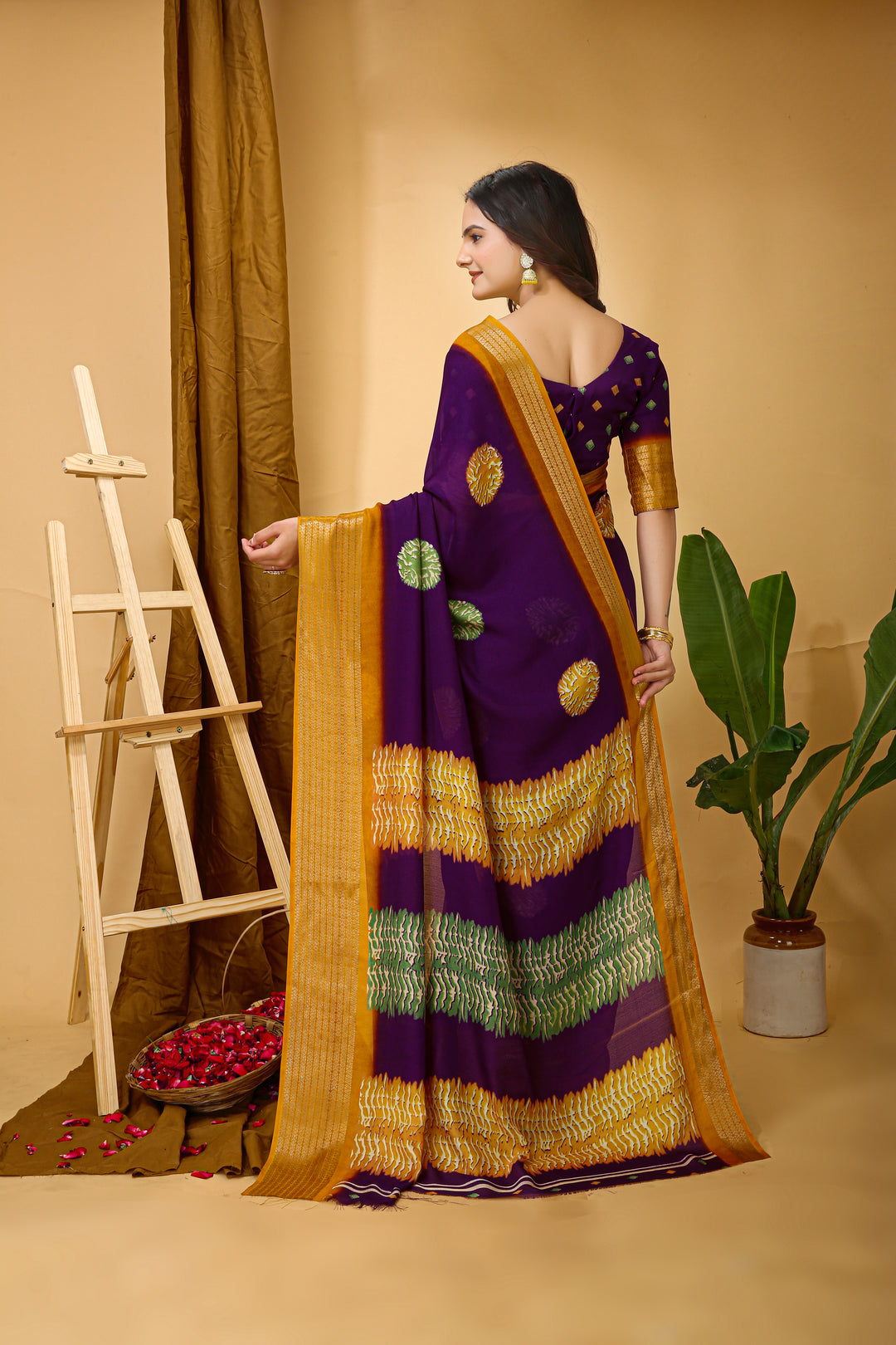 Purple Colour Soft Blooming Marshmallow Kalamkari print saree with Jacquard Border