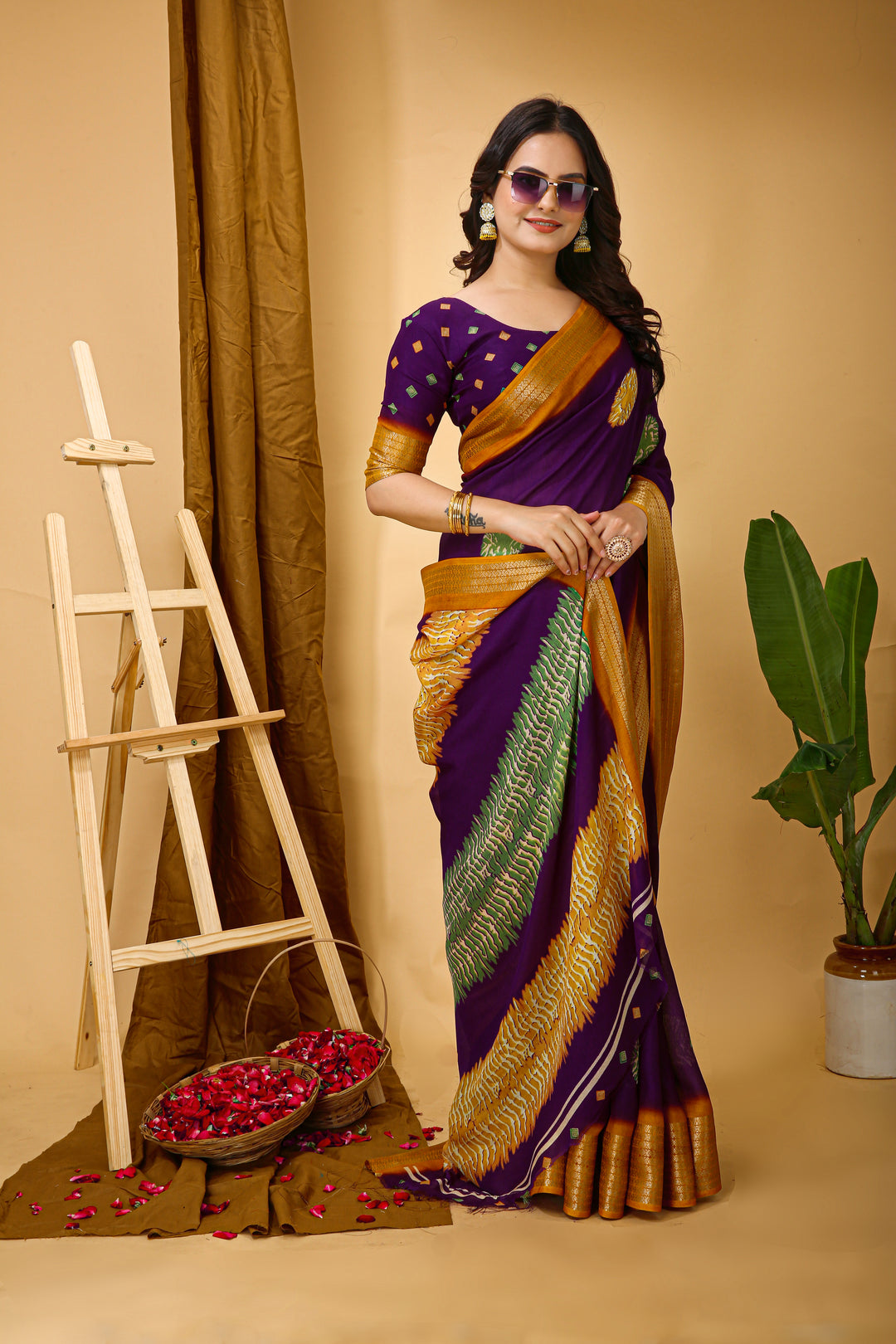 Purple Colour Soft Blooming Marshmallow Kalamkari print saree with Jacquard Border