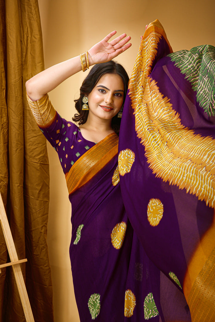 Purple Colour Soft Blooming Marshmallow Kalamkari print saree with Jacquard Border