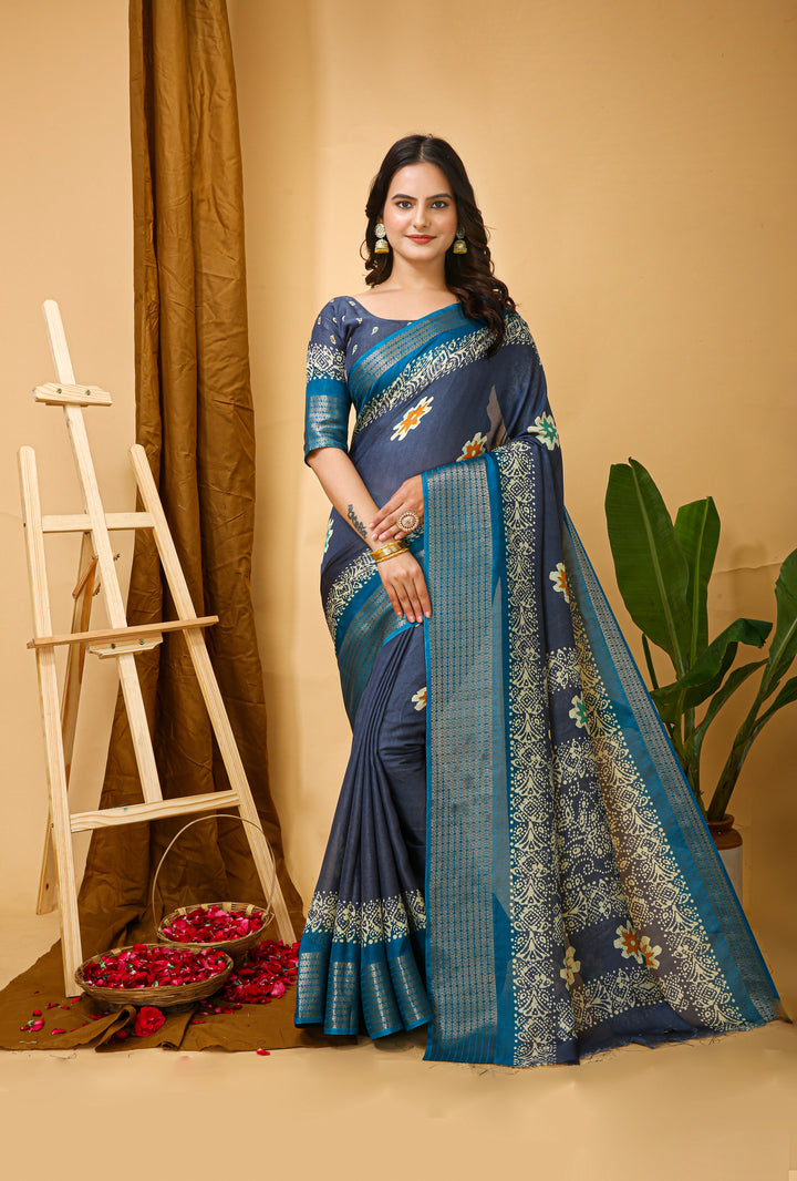 Blue Colour Soft Blooming Marshmallow Kalamkari print saree with Jacquard Border