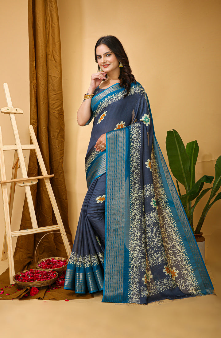 Blue Colour Soft Blooming Marshmallow Kalamkari print saree with Jacquard Border