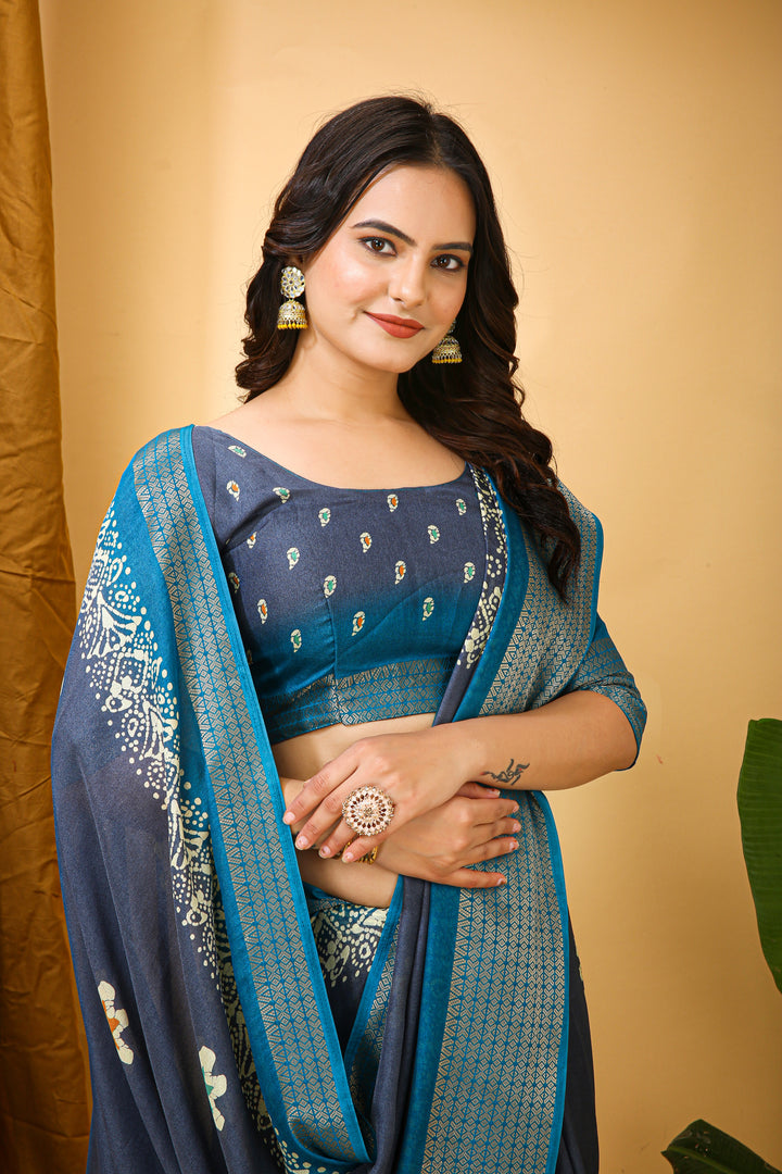 Blue Colour Soft Blooming Marshmallow Kalamkari print saree with Jacquard Border