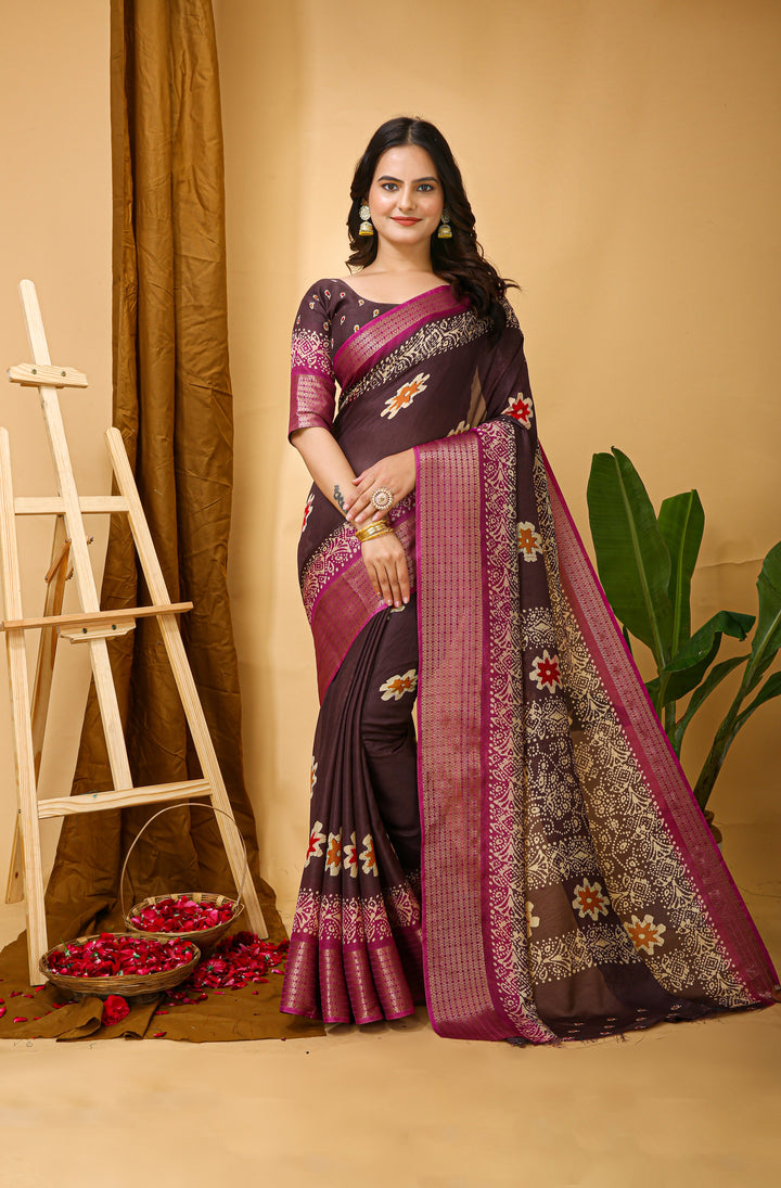 Dark Brown Colour Soft Blooming Marshmallow Kalamkari print saree with Jacquard Border