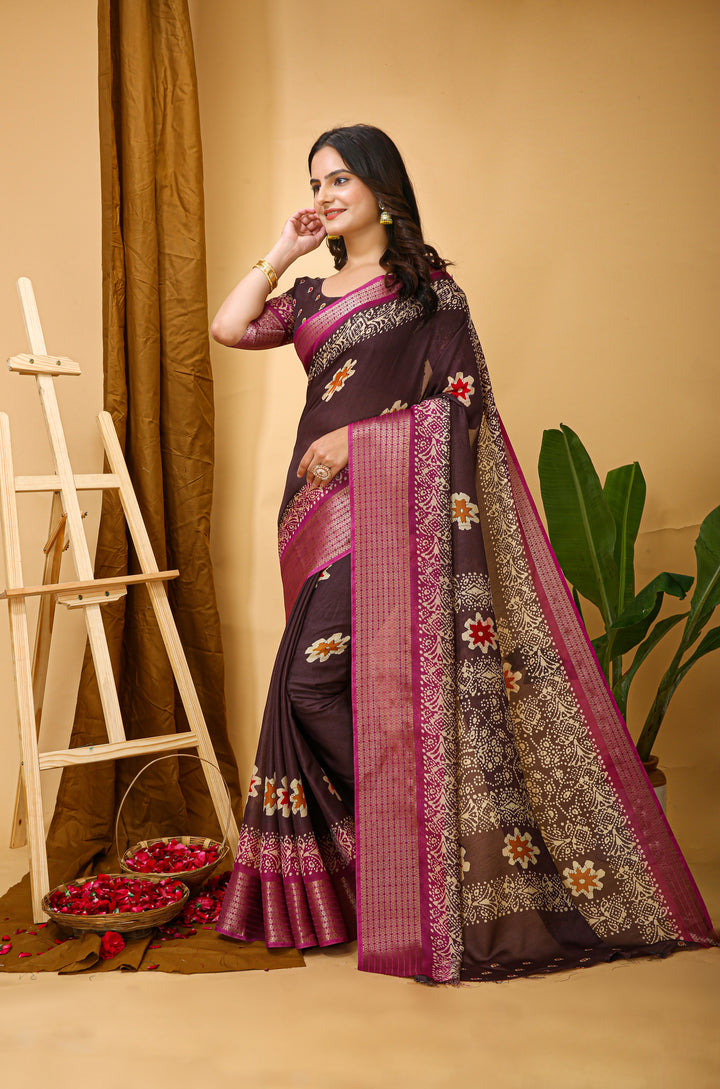 Dark Brown Colour Soft Blooming Marshmallow Kalamkari print saree with Jacquard Border