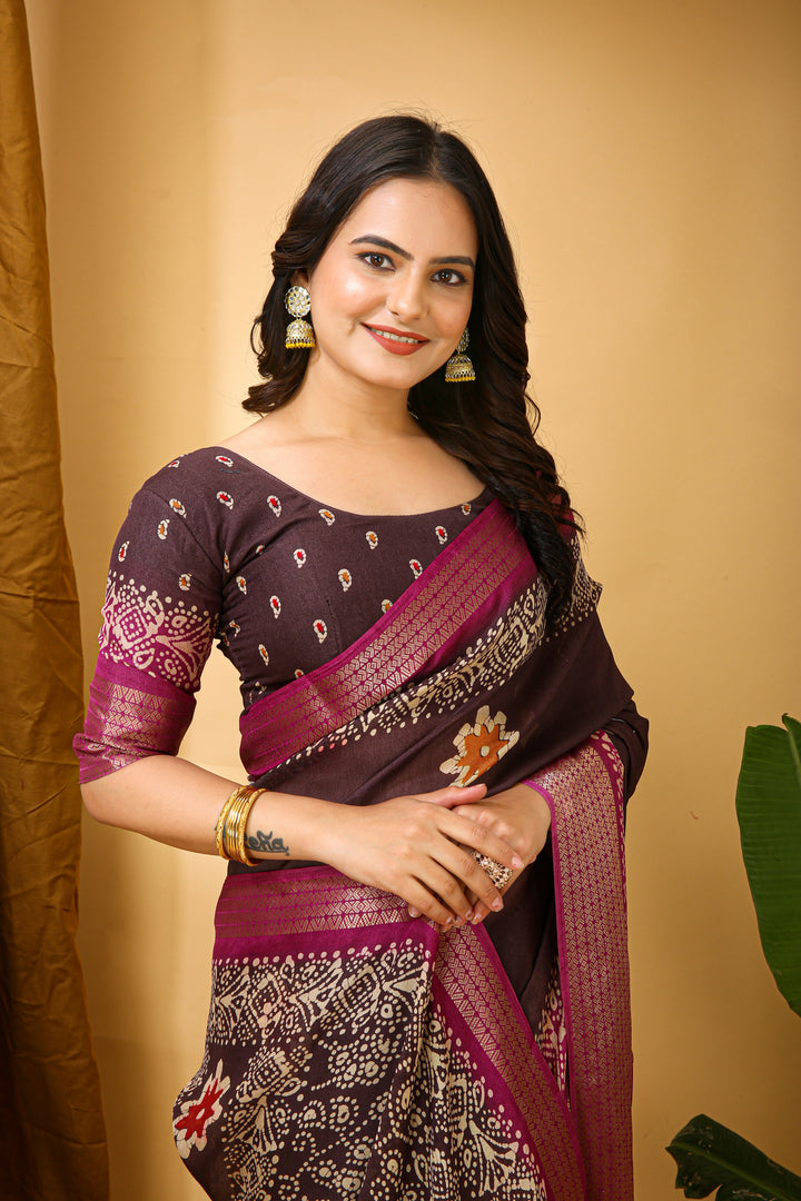 Dark Brown Colour Soft Blooming Marshmallow Kalamkari print saree with Jacquard Border