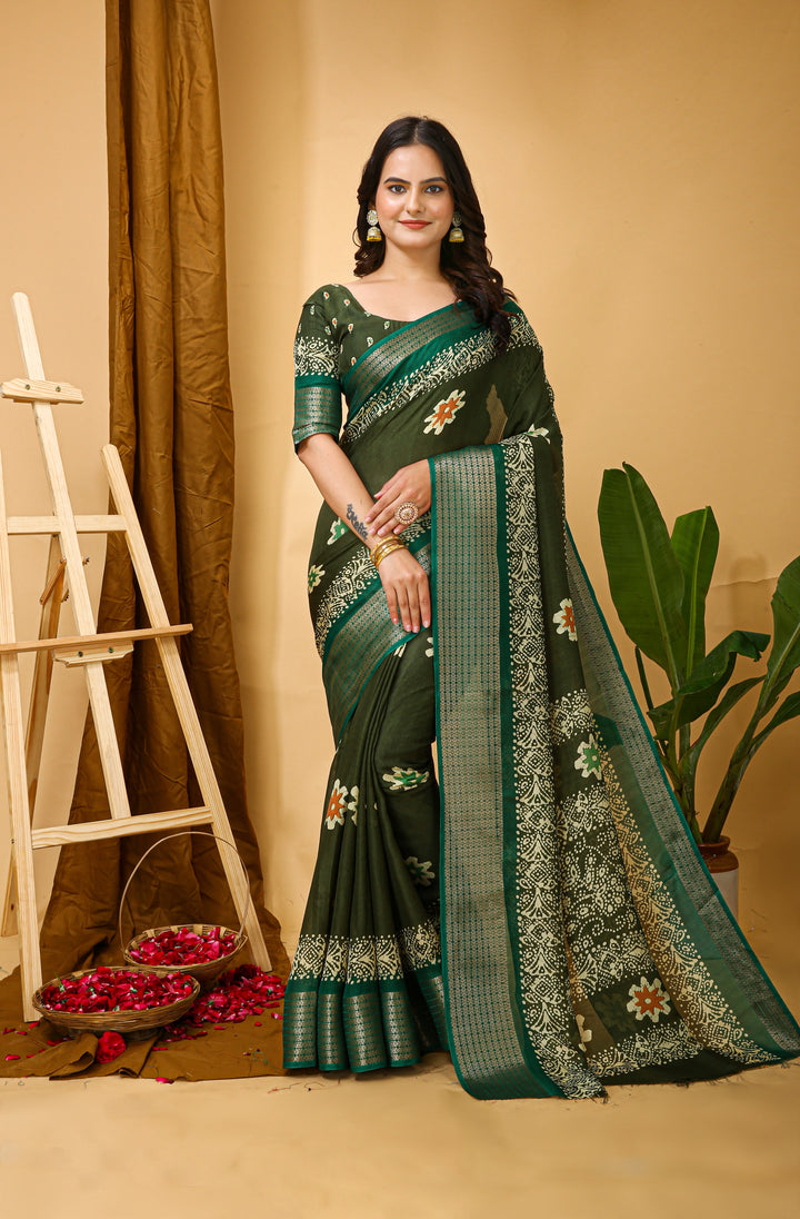 Green Colour Soft Blooming Marshmallow Kalamkari print saree with Jacquard Border