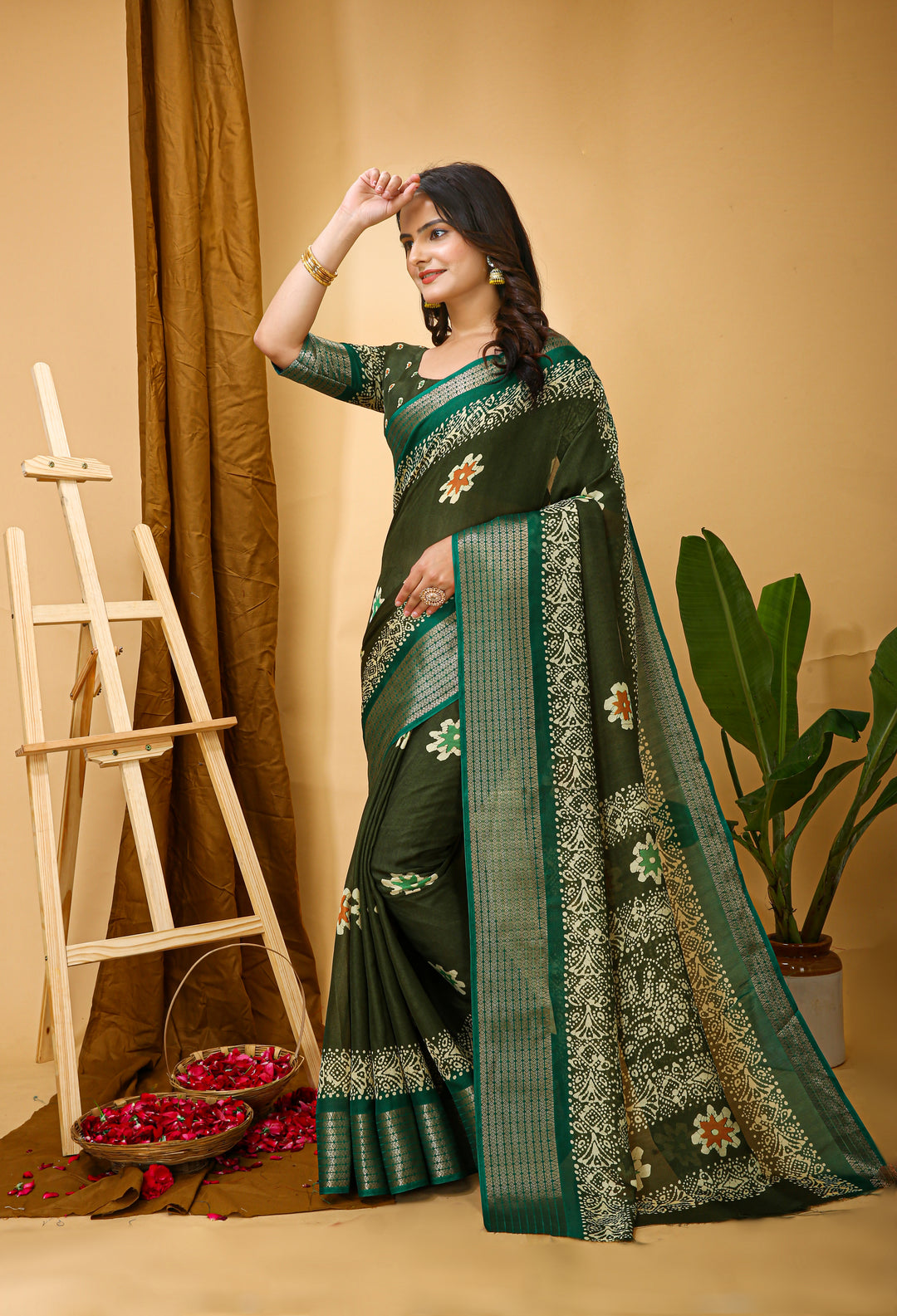 Green Colour Soft Blooming Marshmallow Kalamkari print saree with Jacquard Border