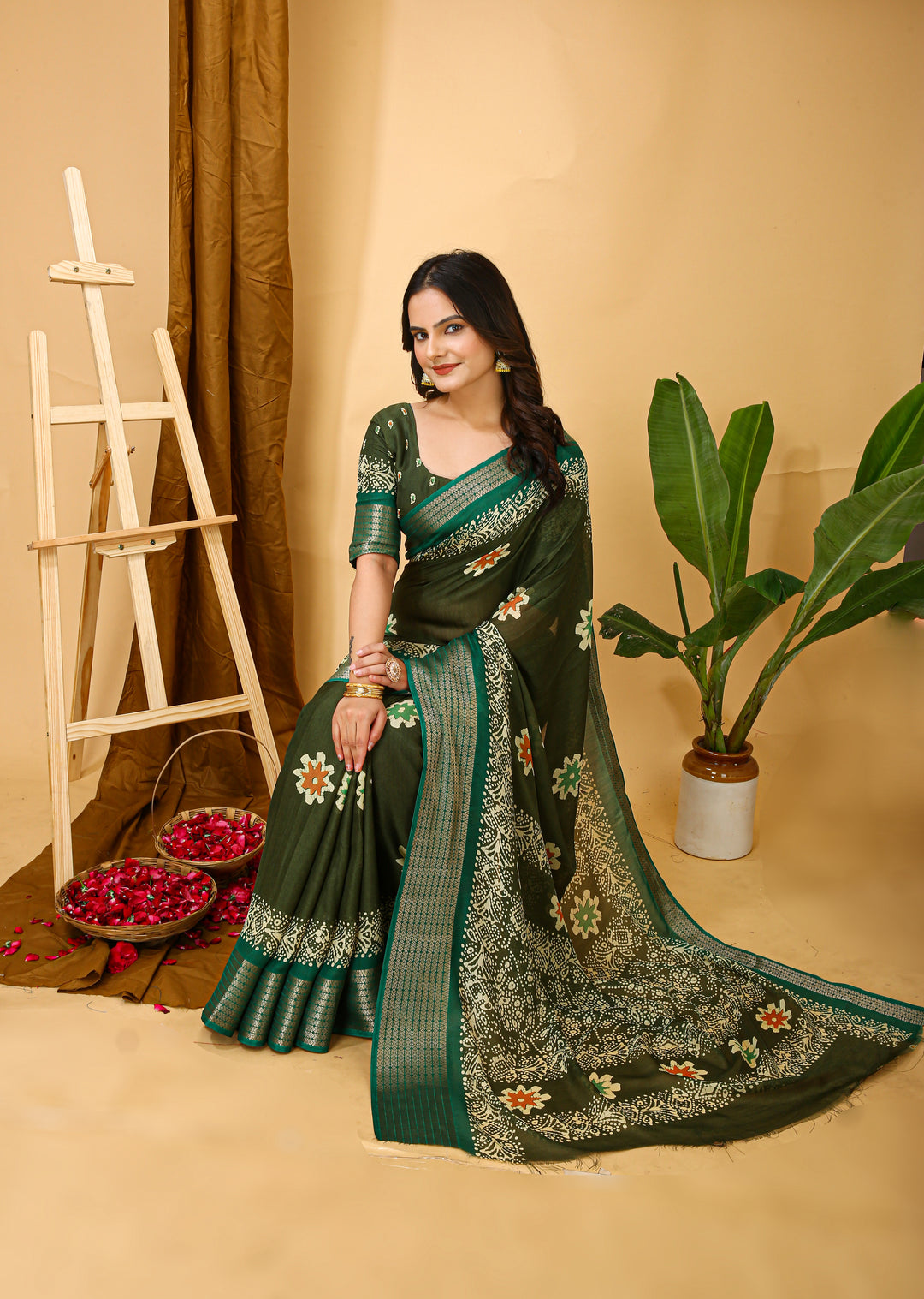 Green Colour Soft Blooming Marshmallow Kalamkari print saree with Jacquard Border