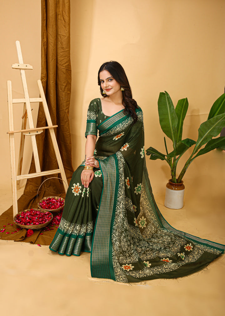 Green Colour Soft Blooming Marshmallow Kalamkari print saree with Jacquard Border