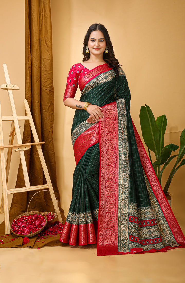 Green Colour soft Dola cotton Kalamkari print saree with jecard kanjivaram zari border