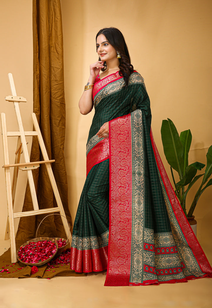 Green Colour soft Dola cotton Kalamkari print saree with jecard kanjivaram zari border