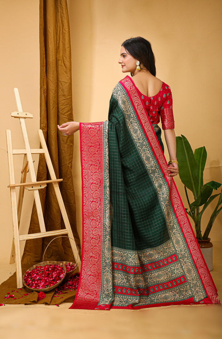 Green Colour soft Dola cotton Kalamkari print saree with jecard kanjivaram zari border