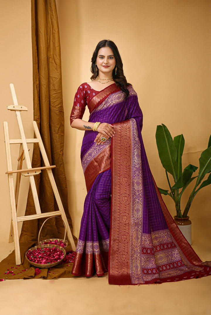 Purple Colour soft Dola cotton Kalamkari print saree with jecard kanjivaram zari border