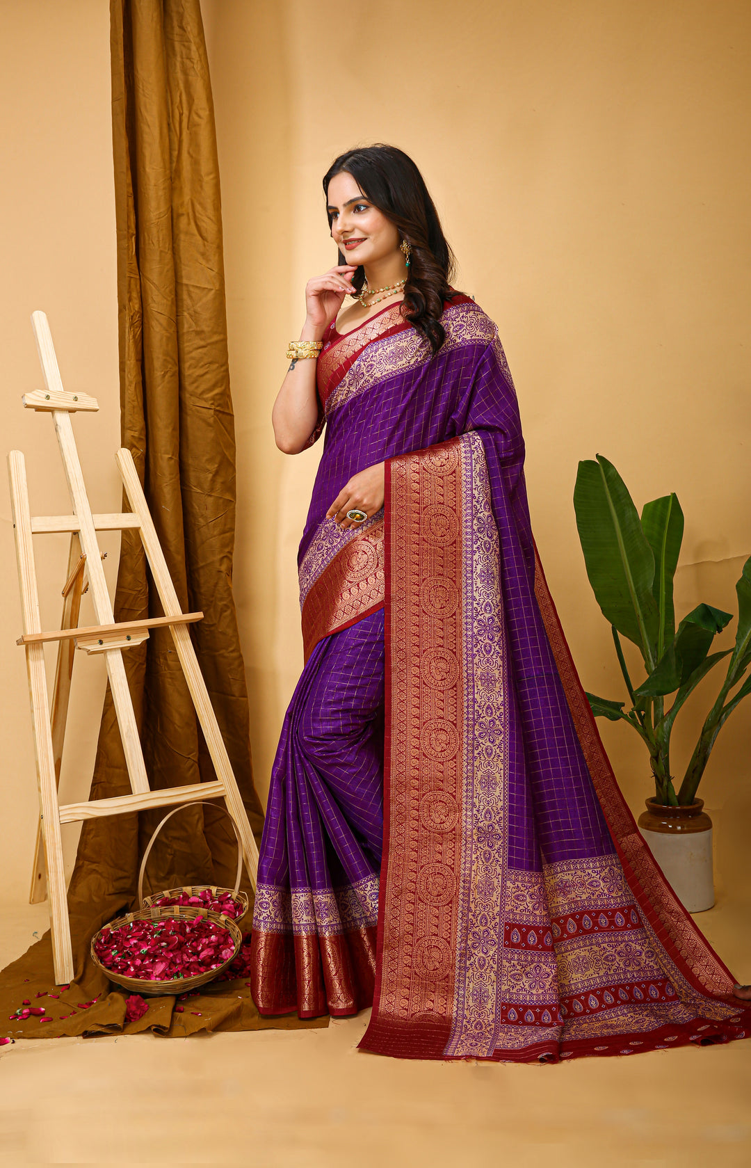 Purple Colour soft Dola cotton Kalamkari print saree with jecard kanjivaram zari border