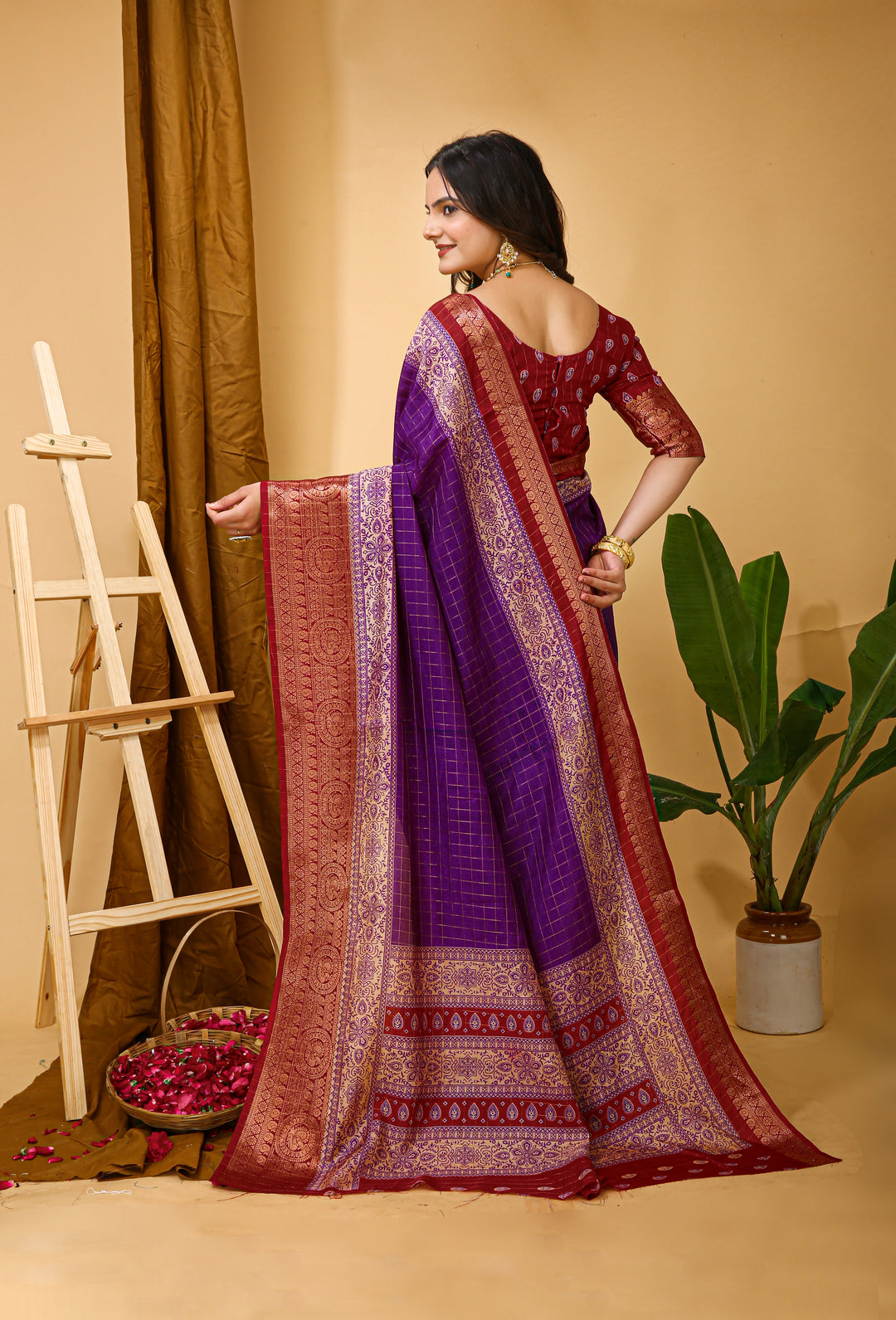 Purple Colour soft Dola cotton Kalamkari print saree with jecard kanjivaram zari border