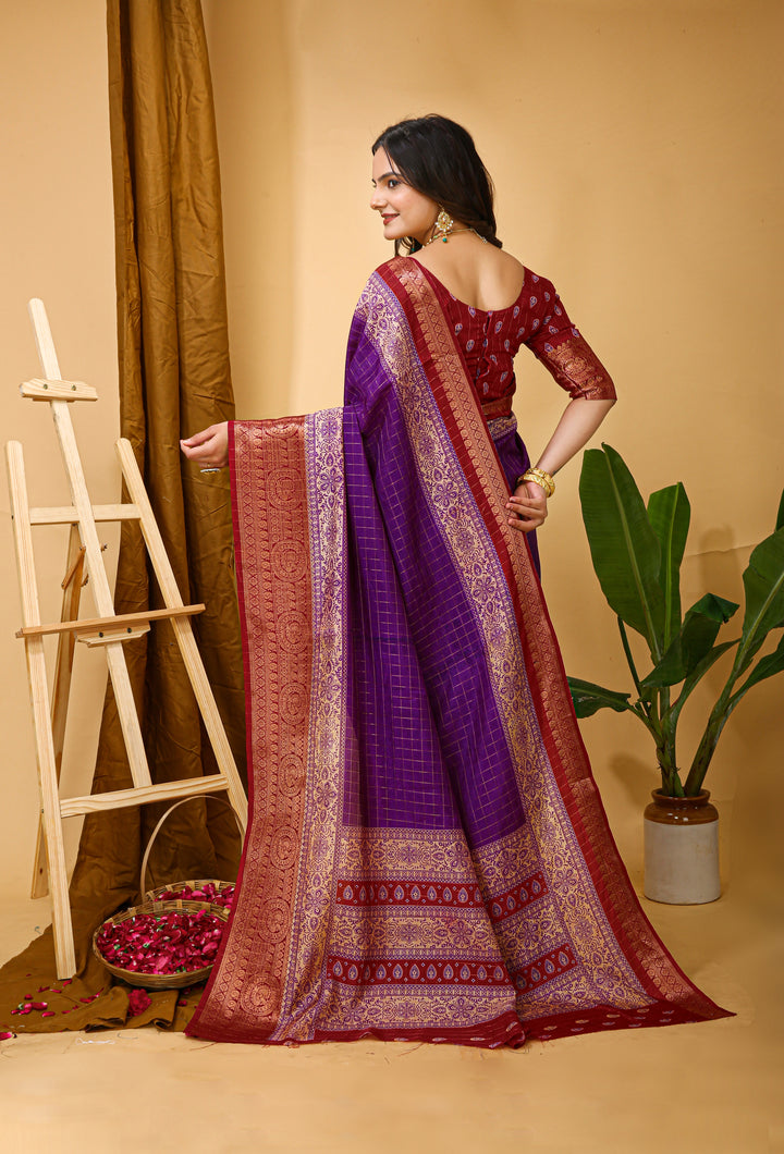 Purple Colour soft Dola cotton Kalamkari print saree with jecard kanjivaram zari border