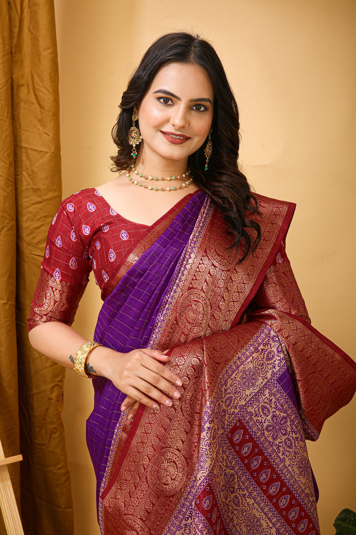 Purple Colour soft Dola cotton Kalamkari print saree with jecard kanjivaram zari border