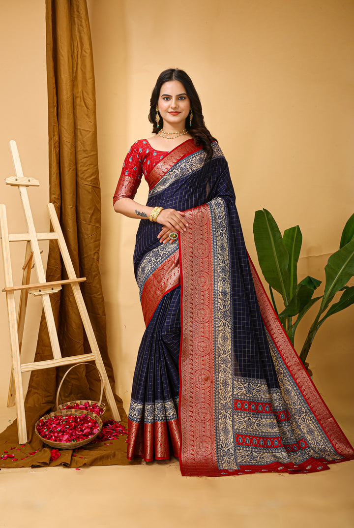 Navy Blue Colour soft Dola cotton Kalamkari print saree with jecard kanjivaram zari border