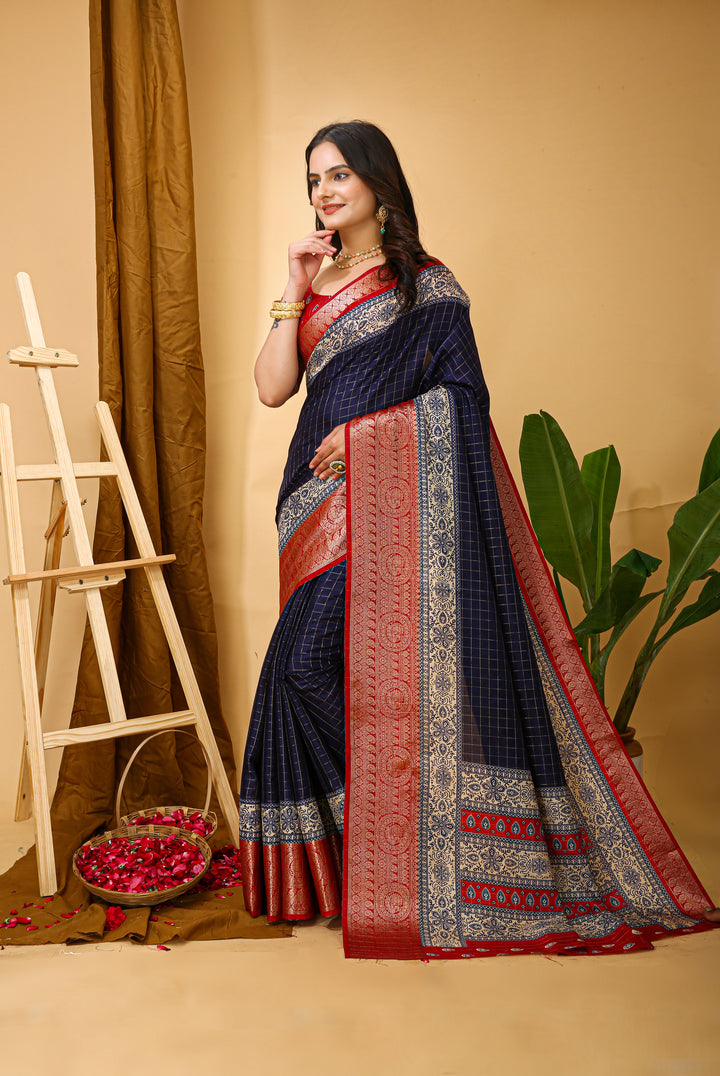 Navy Blue Colour soft Dola cotton Kalamkari print saree with jecard kanjivaram zari border