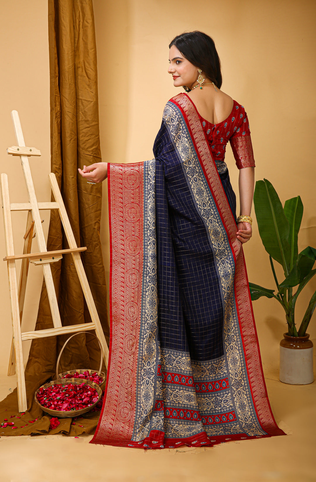 Navy Blue Colour soft Dola cotton Kalamkari print saree with jecard kanjivaram zari border